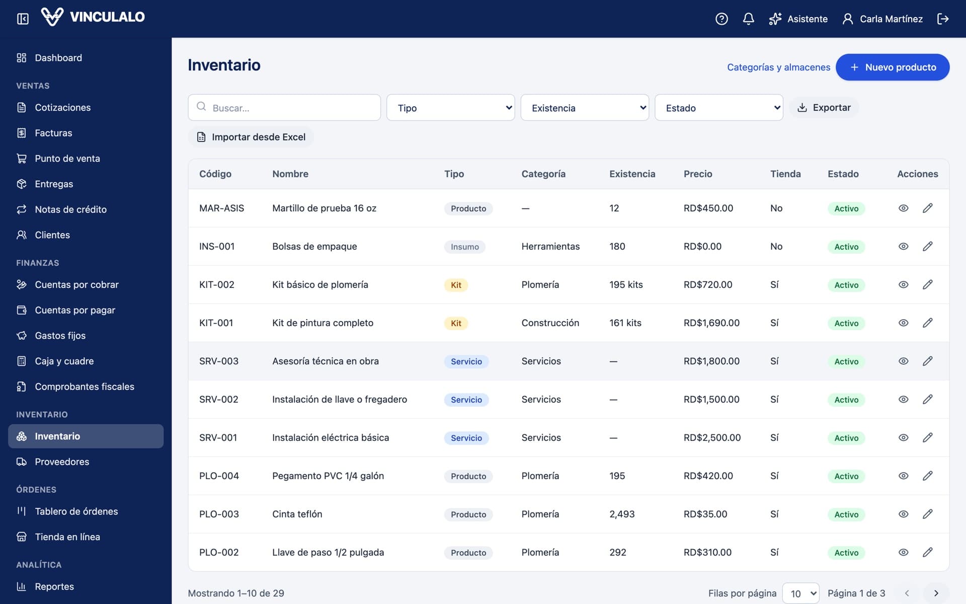 Listado de inventario con existencias por producto en VINCÚLALO